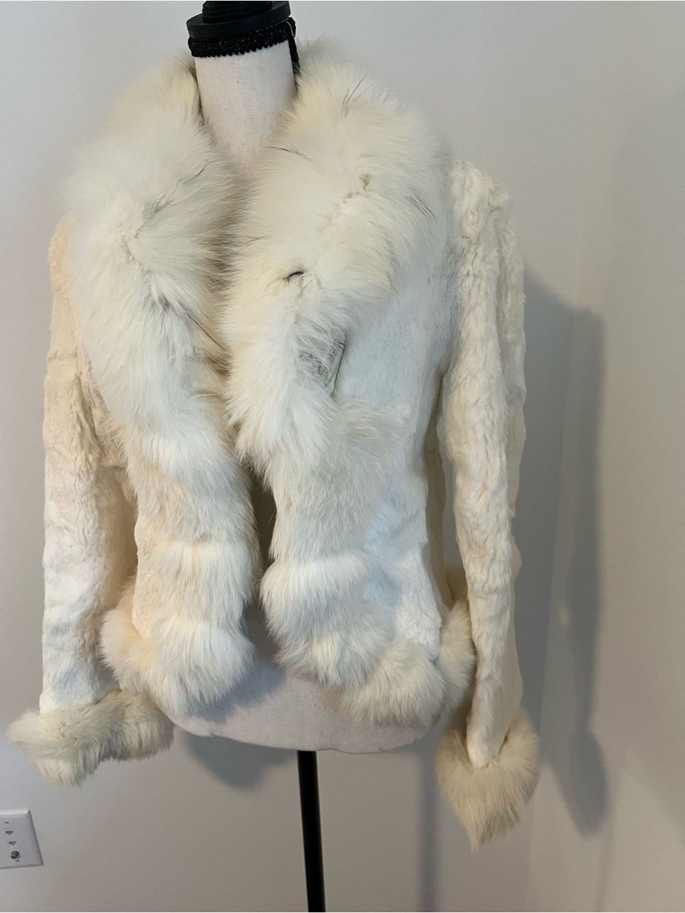 Vintage Real White Rabbit Fur Jacket Fox Collar Pom Poms Asian Y2K Mob Wife